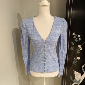 Song of Style Womens Medium Puff Sleeve VNeck ButtonFront Top Cottagecore Blue 3